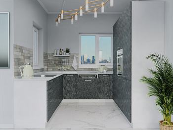 П-образная кухня Валерия-М-10 Серый металлик дождь светлый/Белый